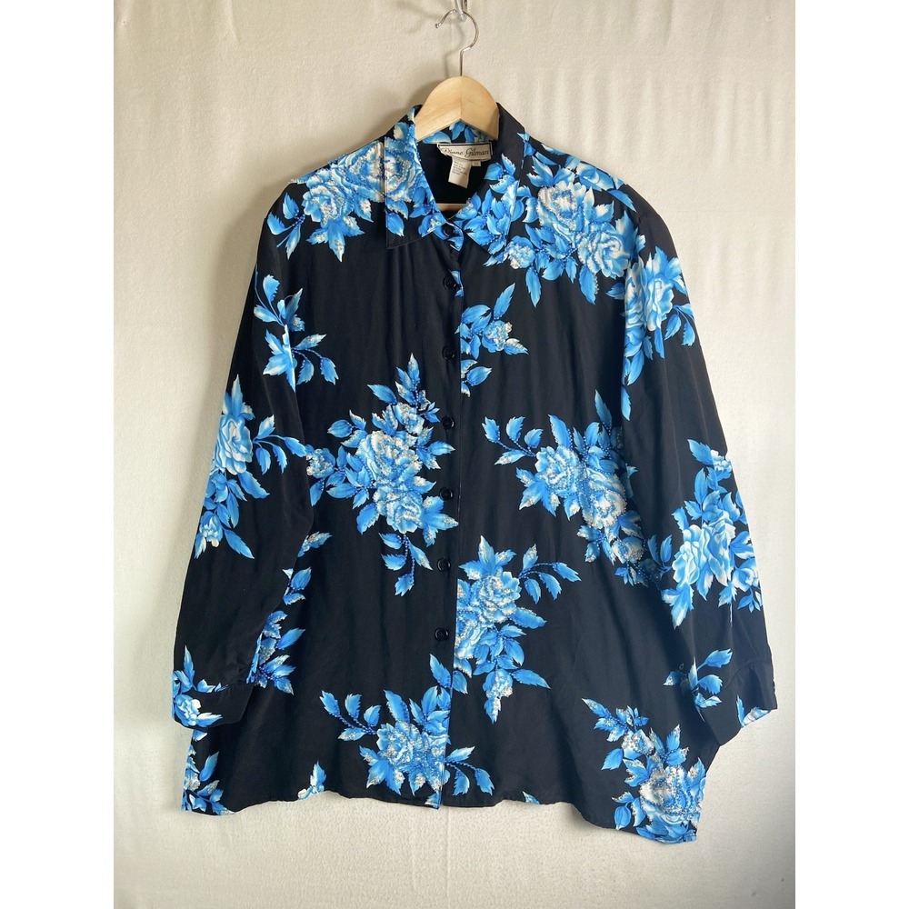 Diane Gilman Womens Blouse 2X 100% Silk Blue Floral Beaded Button Front